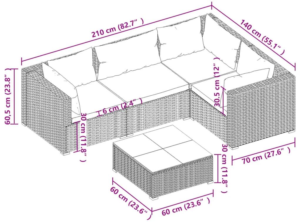 Set mobilier de gradina cu perne, 5 piese, negru, poliratan negru si albastru acvatic, 3x colt + mijloc + masa, 1