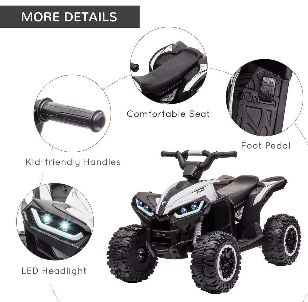 HOMCOM ATV Electric pentru Copii, Motocicletă pentru Copii cu Motor Dublu, 2 Viteze, Roți Late și Faruri LED, 83x53x55.5 cm, Alb | Aosom Romania