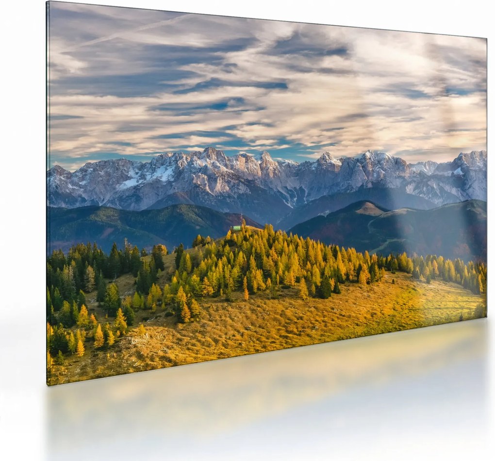 Tablou pe sticlă - panorama montană (70x50 cm)