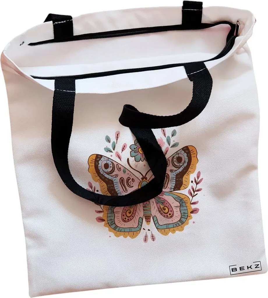 Sacosa de Panza pentru Cumparaturi, Geanta Tote, Flower Butterfly, Cu fermoar, 38x34.5 cm, Alba, BEKZ®