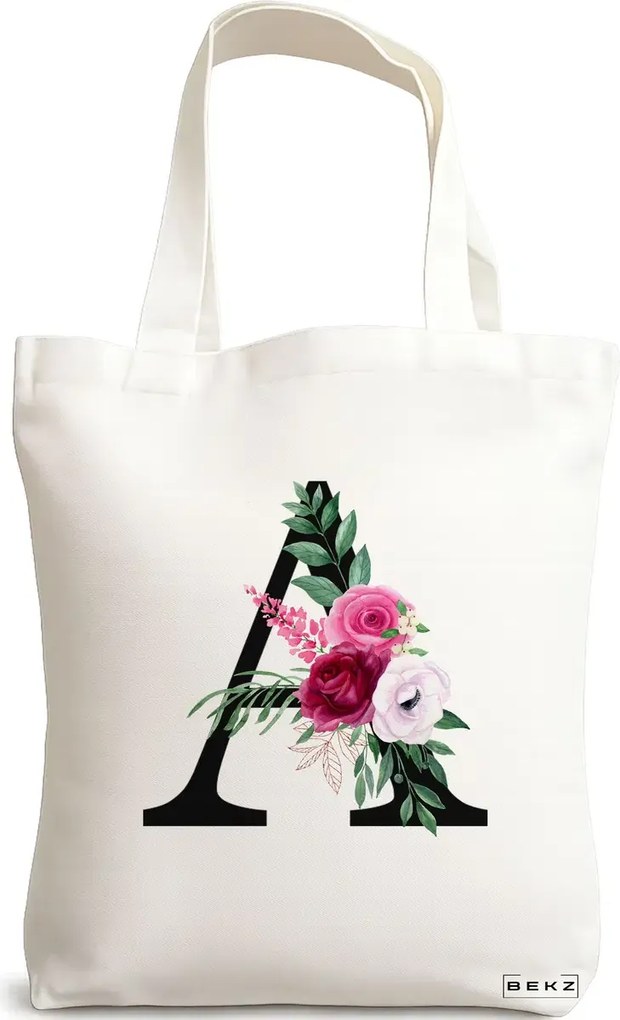 Sacosa de Panza pentru Cumparaturi, Geanta Tote, Cu litera A si Trandafiri, 38x34.5 cm, Alba, BEKZ®