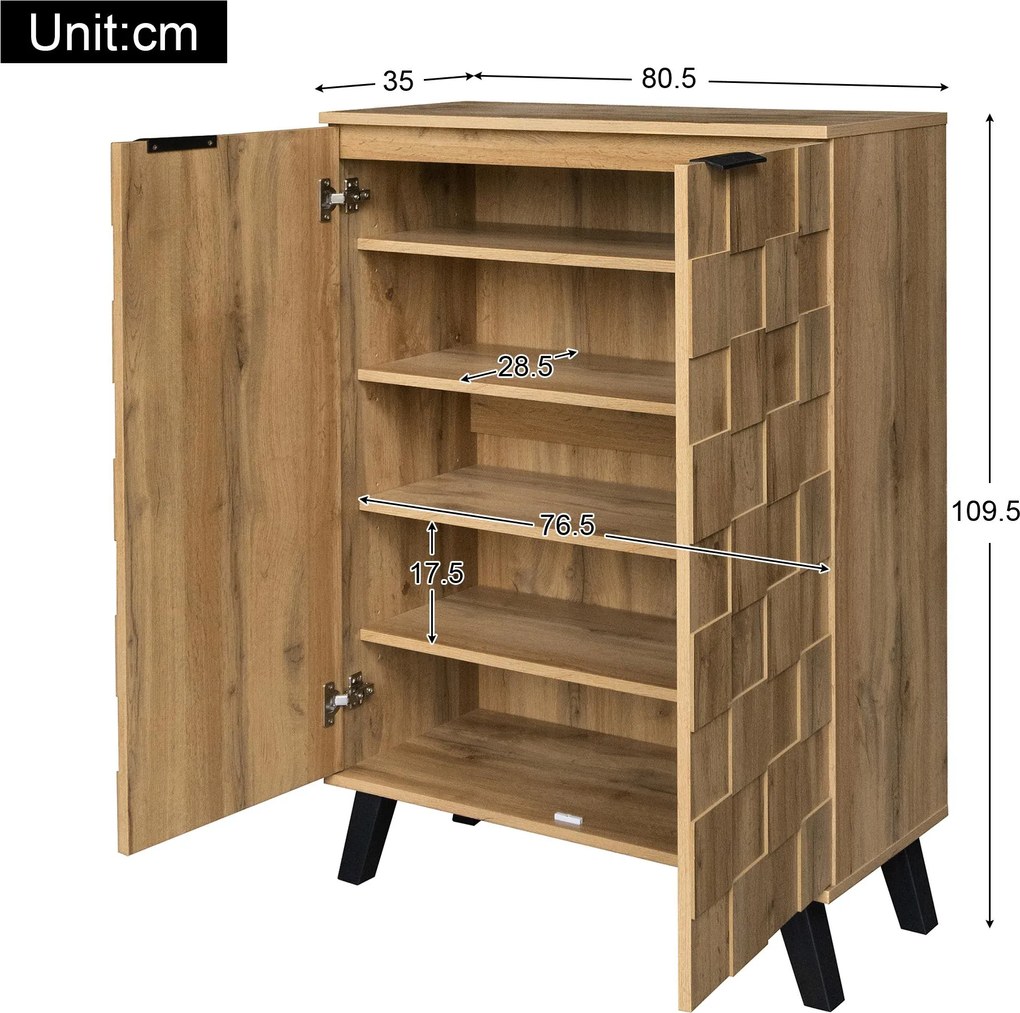 Dulap modern pentru pantofi cu 5 compartimente, model geometric cu aspect de lemn, pentru hol și zona de intrare, 80,5x35x109,5 cm, Culoare naturală