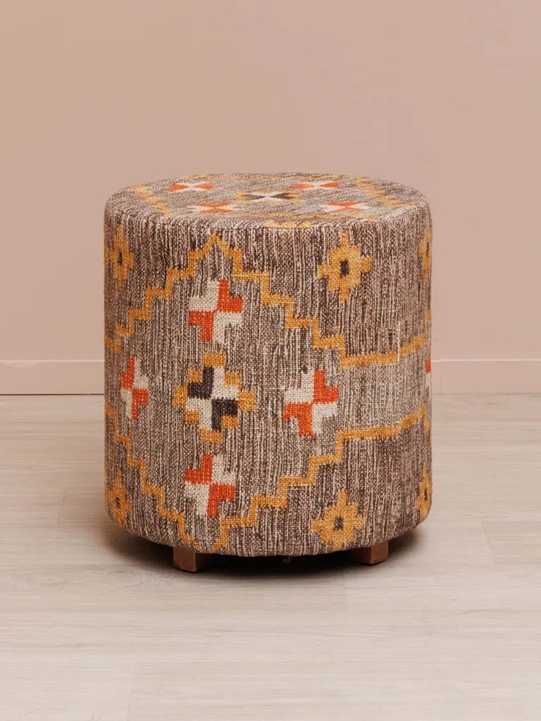 Taburet kilim rotund din bumbac, lână și lemn de acacia, multicolor, cu model geometric, 47 x Ø 45 cm, „Klimt Kilim”