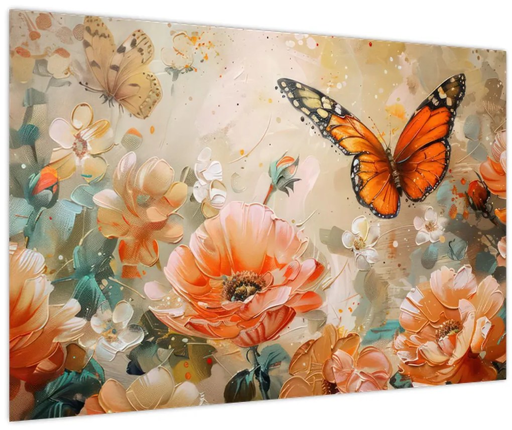 Tablou - Fluture și flori, pictură în ulei (90x60 cm)