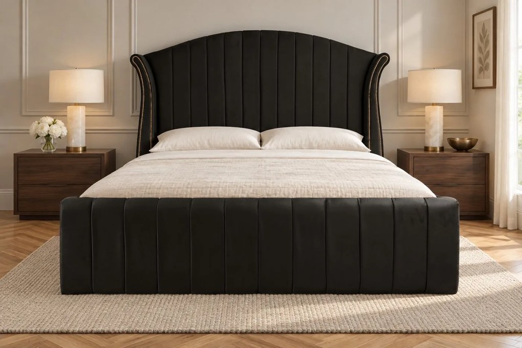 Pat tapițat din catifea Sorella Line 160×200 cm, negru, cu ladă de depozitare