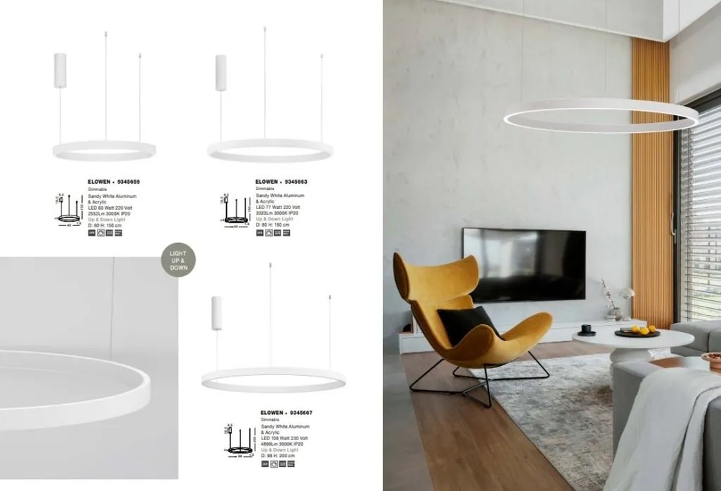 Lustra LED design circular cu iluminat sus si jos ELOWEN alb, diametru 60cm