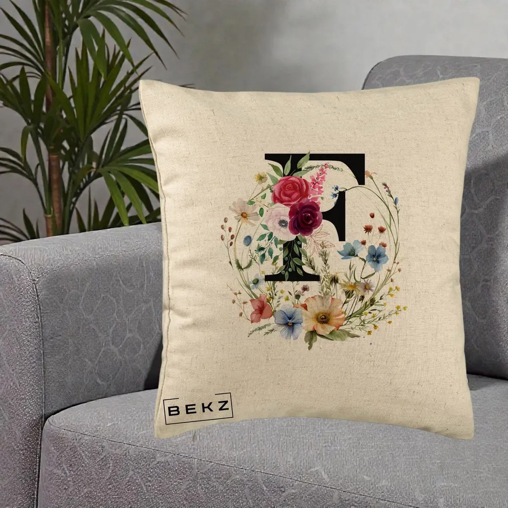 Cadou Personalizat - Perna Personalizata Monogram Litera F cu Flori Acuarela, 40x40 cm, Bej, Husa Detasabila, Perna Inclusa, BEKZ®
