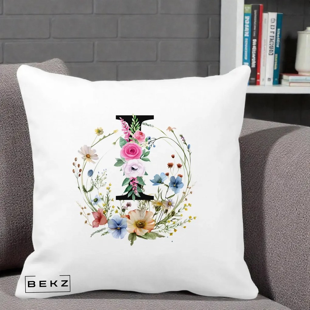 Cadou Personalizat - Perna Personalizata Monogram Litera I cu Flori Acuarela, 40x40 cm, Alba Mata, Husa Detasabila, Perna Inclusa, BEKZ®