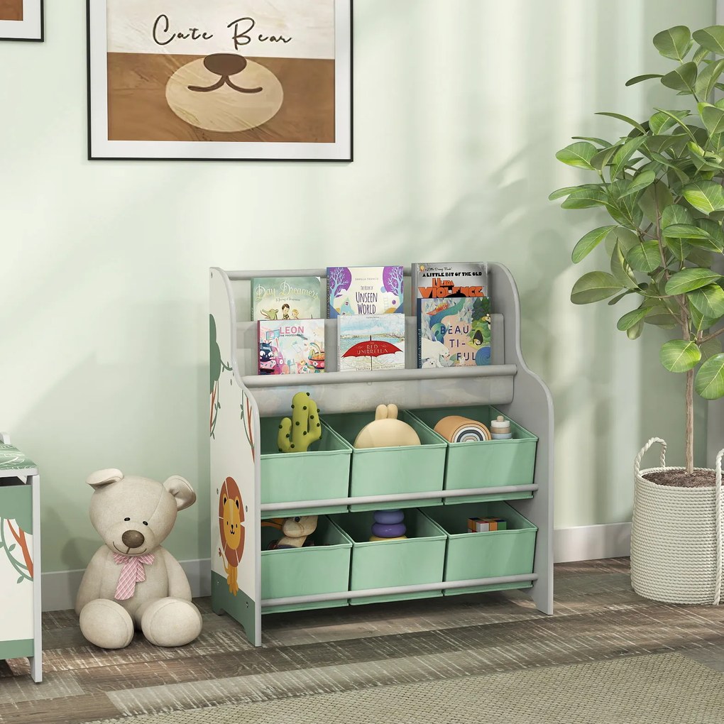 AIYAPLAY Raft Suport pentru Jucării cu 6 Sertare și Bibliotecă cu 2 Niveluri Verde | Aosom Romania