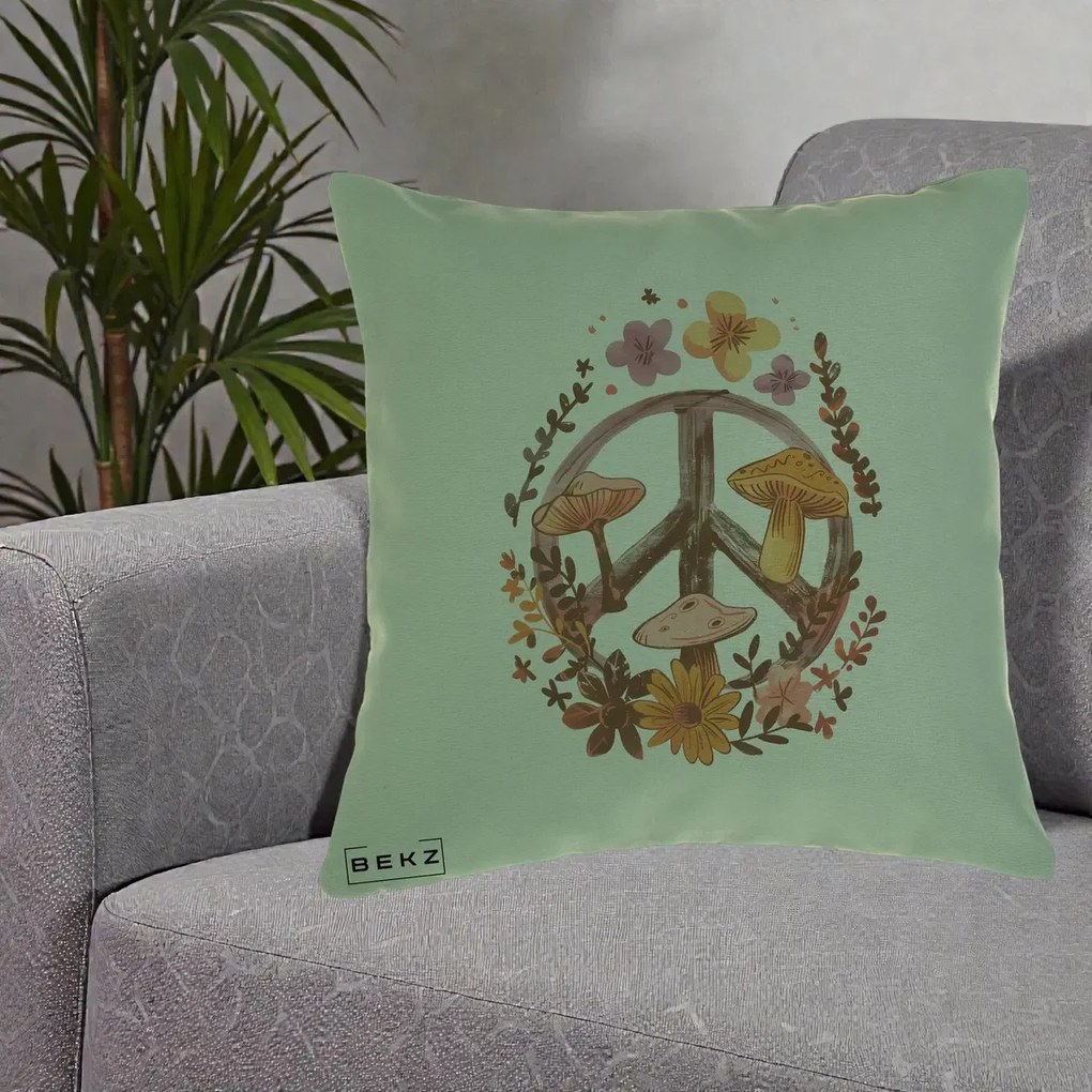 Perna Decorativa Peace Sign Ciuperci Floral, 40x40 cm, Verde, Husa Detasabila, Perna Inclusa, BEKZ®
