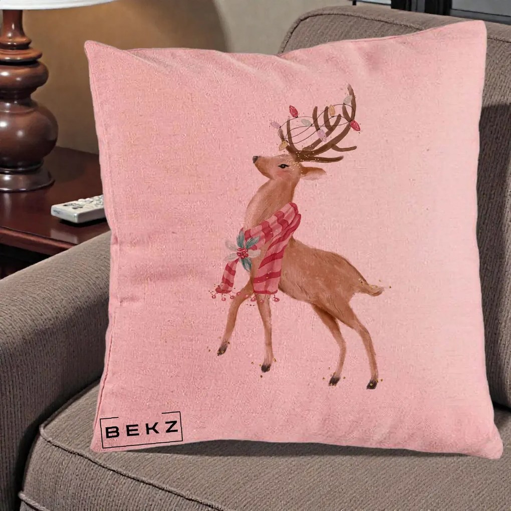 Perna Decorativa Renita cu Fular si Luminite, 40x40 cm, Roz, Husa Detasabila, Perna Inclusa, BEKZ®