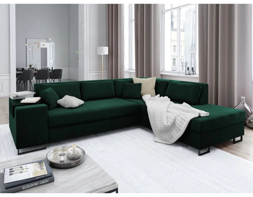 Colțar extensibil din catifea cu extensie pe partea dreaptă Cosmopolitan Design York, verde