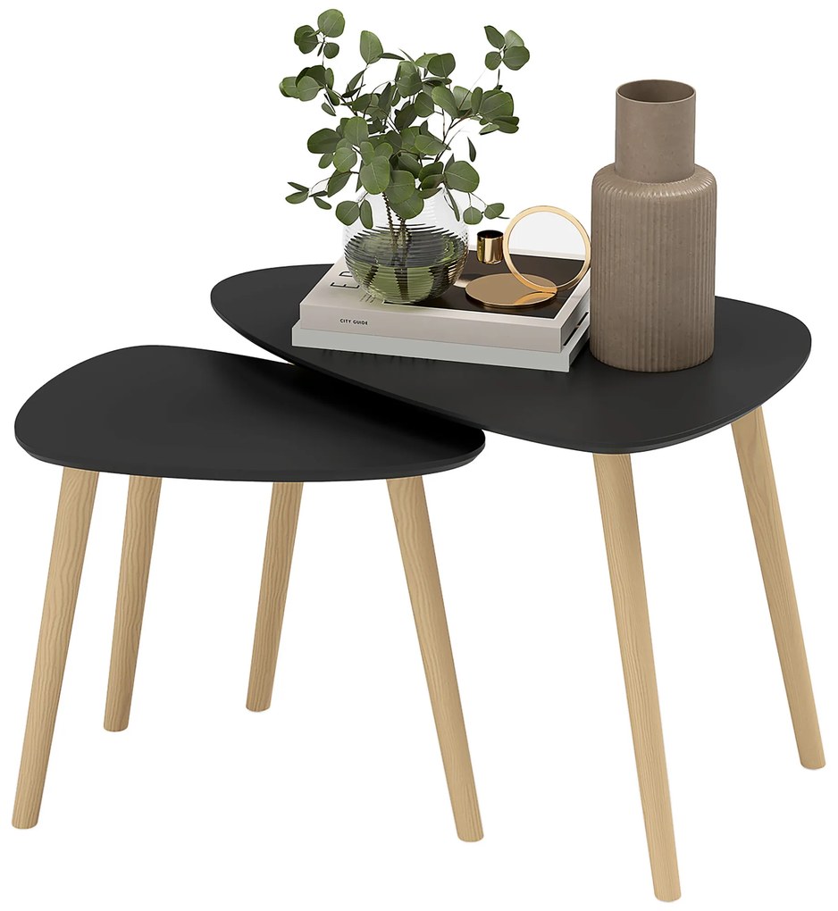 HOMCOM Set de 2 mese de cafea nestemate design scandinav picioare din lemn si blat din lemn, negru | Aosom Romania