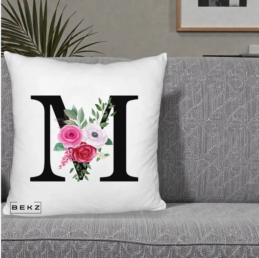 Cadou Personalizat - Perna Personalizata Monograma Florala Litera M cu Trandafiri si Anemona, 40x40 cm, Alb Pufos, Husa Detasabila, Perna Inclusa, BEKZ®