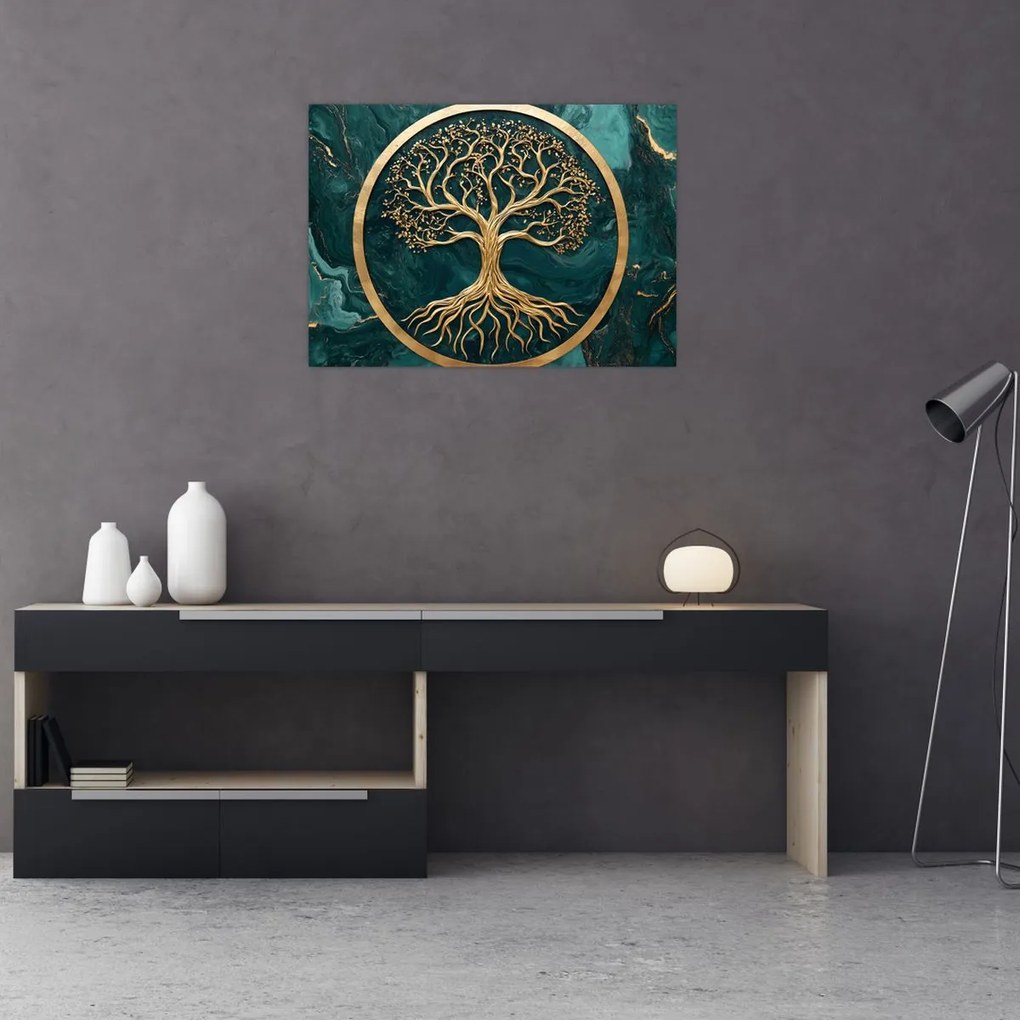 Tablou pe sticlă – Arborele vieții auriu în marmură (70x50 cm)