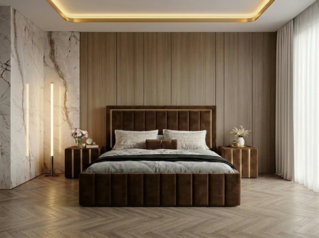 Pat tapitat Atena 180x200 cm, Maro + Saltea Superortopedica Gold, grosime 20 cm + Set 2 noptiere Hugo, Maro