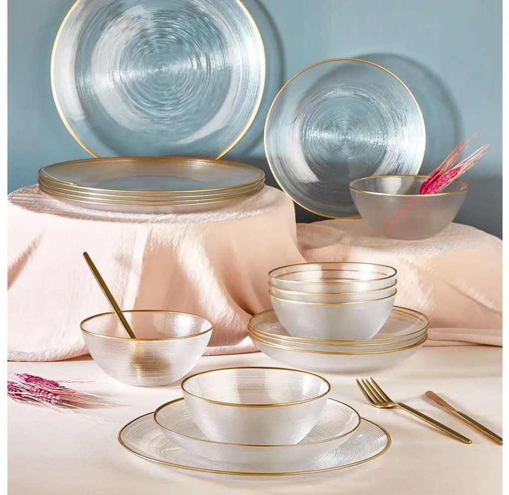 Set de veselă, 18 piese – sticlă transparentă cu accente aurii