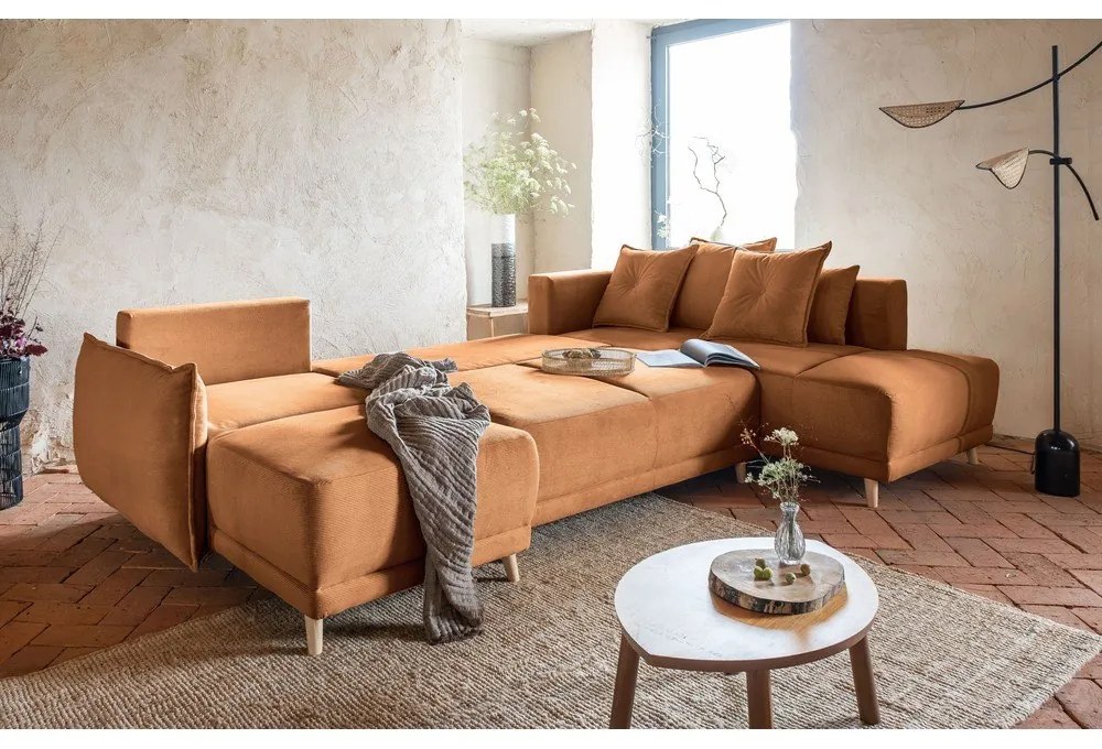 Colțar cărămiziu extensibil cu tapițerie din catifea reiată (colț dreapta/în formă de "U") Lazy Lukka – Miuform