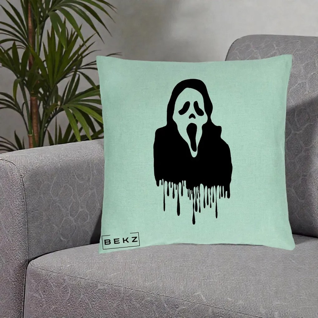 Perna Personalizata Halloween Ghostface Scream Picurand, 40x40 cm, Verde Menta, Husa Detasabila, Perna Inclusa, BEKZ®