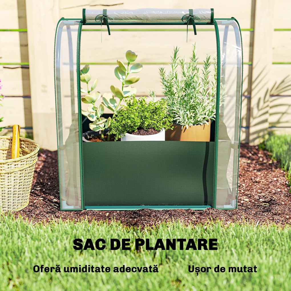 Outsunny Mini Seră de Grădină cu Sac de Plantare, Seră pentru Grădină cu Ușă Rulabilă, Structură din Oțel, Acoperire din Plastic, pentru Legume, Flori, Plante, Verde Închis | Aosom Romania