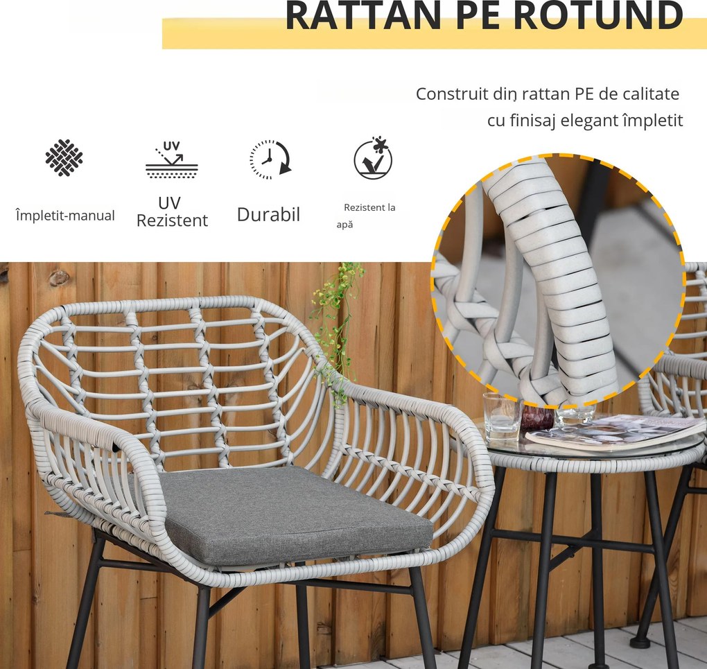 Outsunny Set Mobilier de Grădină din Ratan Gri 3 Piese Salon în Aer Liber cu 2 Scaune și Masă cu Blat de Sticlă pentru Terasă | Aosom Romania