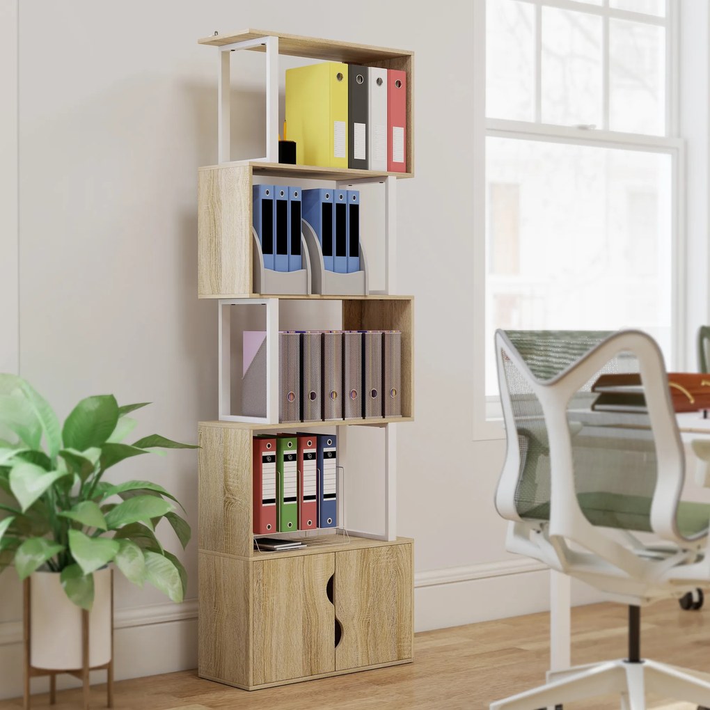 HOMCOM Bibliotecă cu 5 nivele, mobilier de depozitare cu rafturi și dulap cu dublă ușă, 60 x 23,8 x 179,2 cm, lemn natural | Aosom Romania