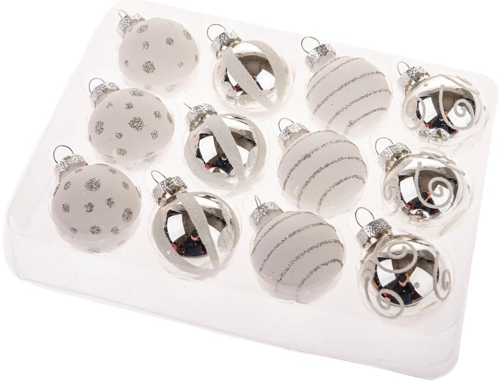 Set de ornamente din sticlă Glimmer Collection, argintiu și alb, 12 bucăți, diametru 3 cm