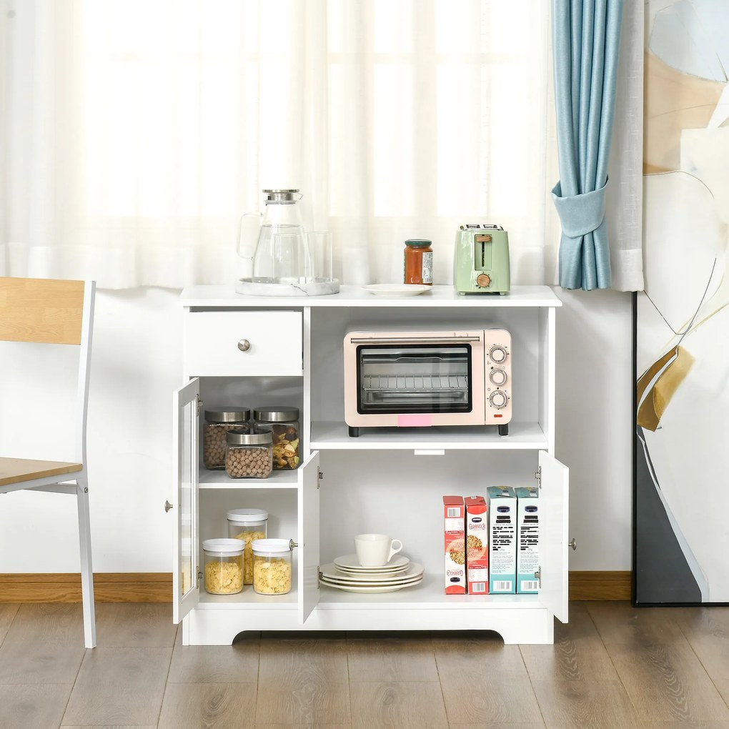 HOMCOM Dulap pentru cuptor cu microunde, bufet bucătărie, dulap de depozitare, pentru bucătărie, sală de mese 90 x 40 x 82 cm sticlă securizată și lemn, alb | Aosom Romania