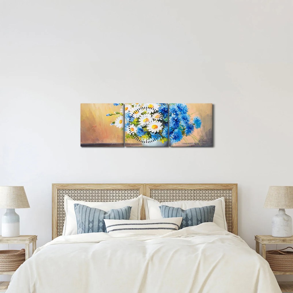 Tablou pictat cu vaza și flori (cu ceas) (90x30 cm)