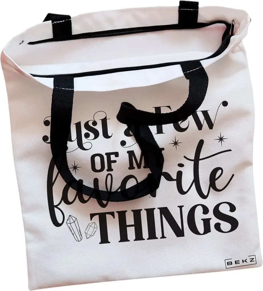 Sacosa de Panza pentru Cumparaturi, Geanta Tote, model Just a few of my favorite things, Cu fermoar, 38x34.5 cm, Alba, BEKZ®
