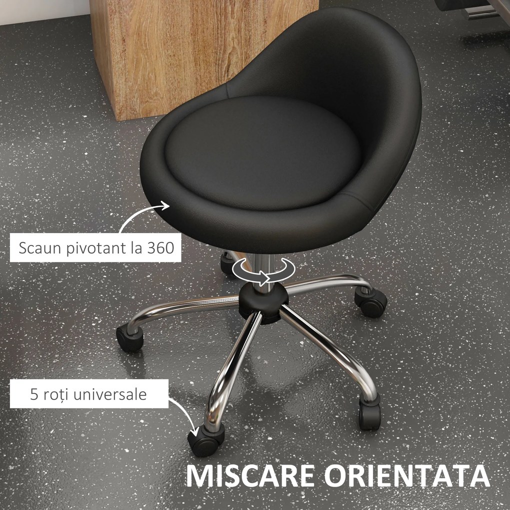 HOMCOM Scaun Salon Reglabil, Rotativ, Înălțime Ajustabilă, Piele PU, cu Roti, Negru | Aosom Romania