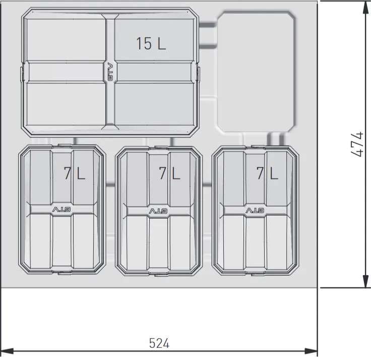 Cos gunoi incorporabil in sertar, GTV Axispace, colectare selectiva, pentru corp de 600 mm, gri antracit, 3 x 7 l + 1 x 15 l Plastic, Gri antracit,