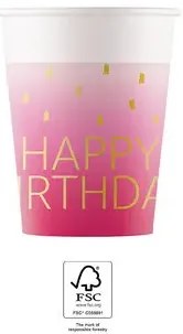 La mulți ani Golden Pink Pahar de hârtie Happy Birthday, 8 buc, 200 ml, FSC