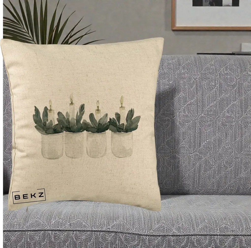 Perna Decorativa Lumanari in Borcane cu Eucalipt, 40x40 cm, Bej, Husa Detasabila, Perna Inclusa, BEKZ®