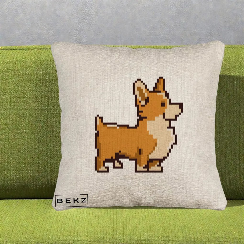 Perna Personalizata Corgi Pixel Art, 40x40 cm, Bej Canapea, Husa Detasabila, Perna Inclusa, BEKZ®