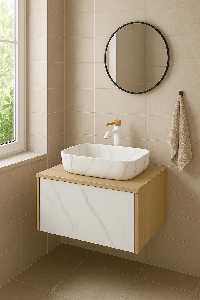 Set dulap baie suspendat placat cu ceramica CALACATTA 100 cm cu lavoar inclus Dione Foglia