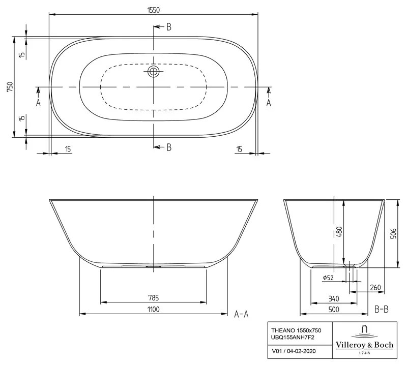 Cada freestanding, Villeroy &amp; Boch, Theano, 155 x 75 cm, alb