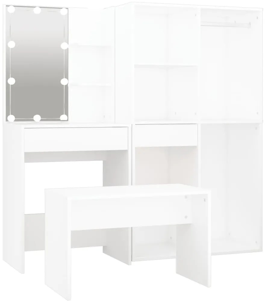 3114099 vidaXL Set măsuță de toaletă cu LED, alb, lemn prelucrat