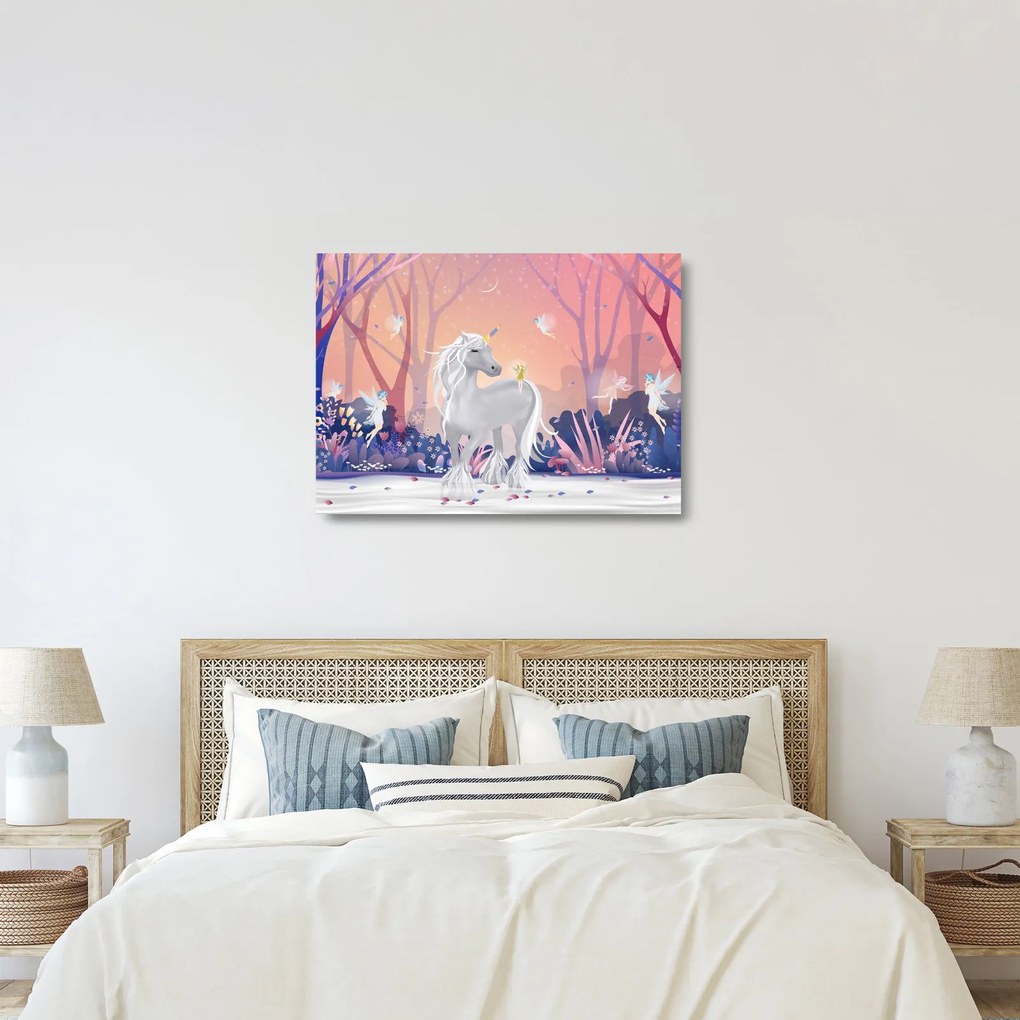 Tablou pe sticlă - Unicorn în pădurea fermecată (70x50 cm)