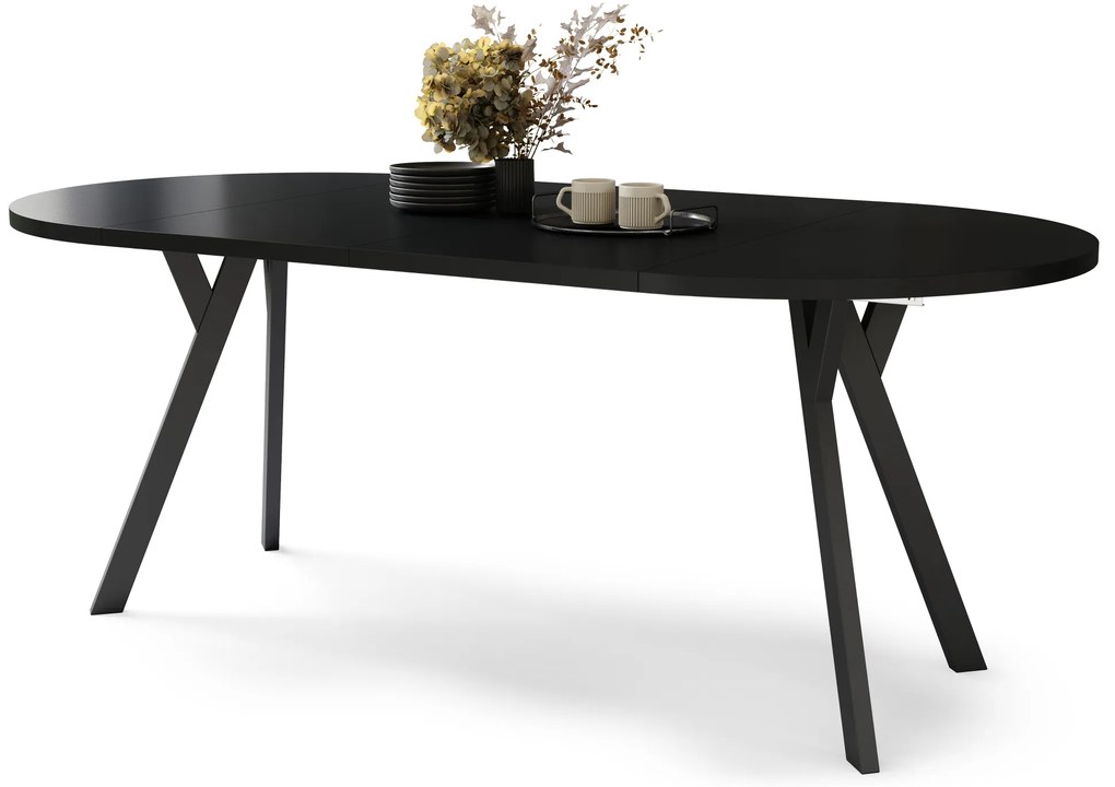 Mazzoni ALMO Negru/picioare negre - MASĂ ROTUNDĂ EXTENSIBILĂ CU PICIOARE ÎN FORMĂ DE Y STIL LOFT PENTRU SALON/SUFRAGERIE