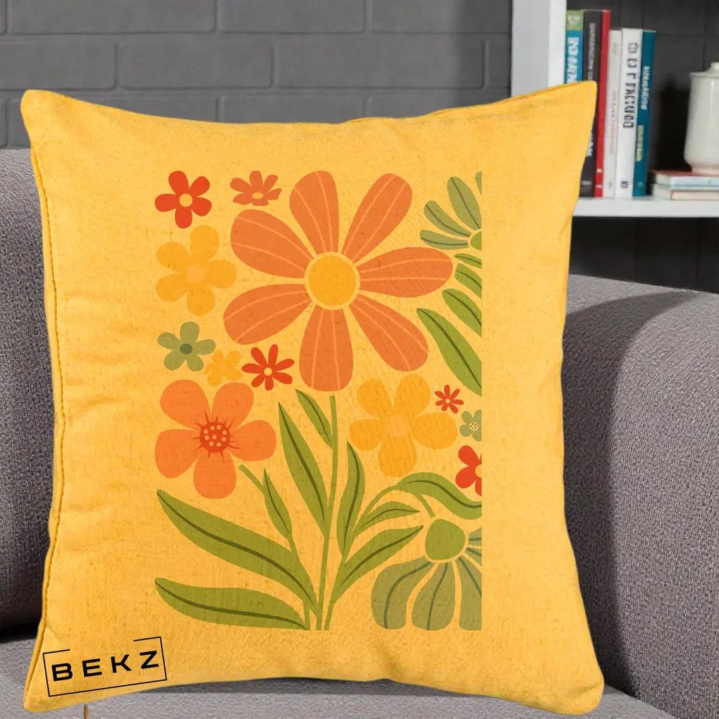 Perna Decorativa Flori Grafice Roz Pastel, 40x40 cm, Galben, Husa Detasabila, Perna Inclusa, BEKZ®