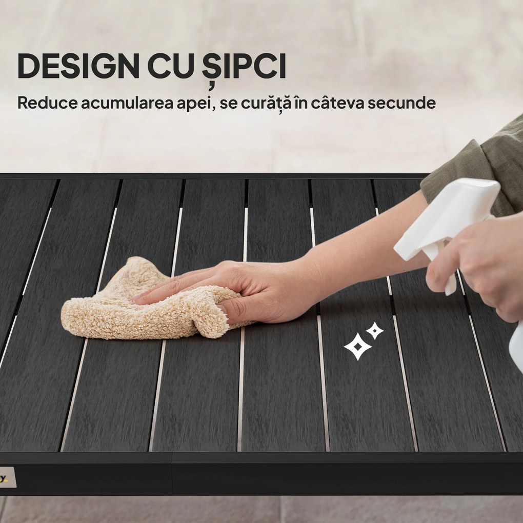 Outsunny Masă de Grădină cu Blat Textură Lemn 190x90 cm pentru 8 Persoane, Masă de Dining de Exterior Dreptunghiulară din Aluminiu și Plastic, pentru Terasă, Balcon, Negru | Aosom Romania