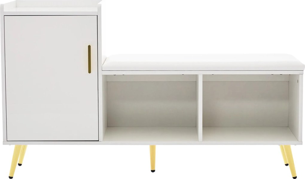 Dulap pentru pantofi cu finisaj lucios, bancă tapițată, rafturi ajustabile și accente aurii, pentru intrare, hol, 120x35x71,5 cm, Alb