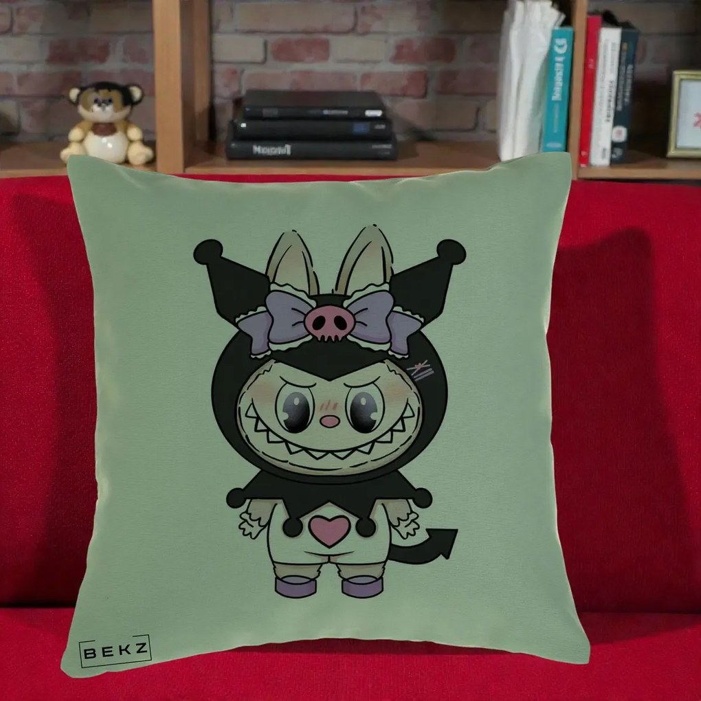 Perna Personalizata Labubu x Kuromi, 40x40 cm, Verde, Husa Detasabila, Perna Inclusa, BEKZ®