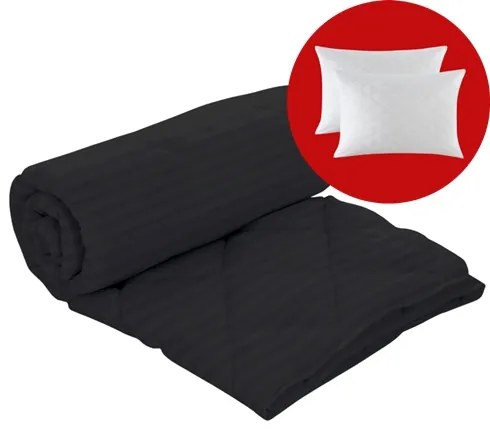 Set pilota iarna, umplutura lana, material damasc policoton, 160x210cm, matlasata, neagra, Pucioasa cu 2 perne, matlasate, antialergice, 50x70cm, albe, Pucioasa