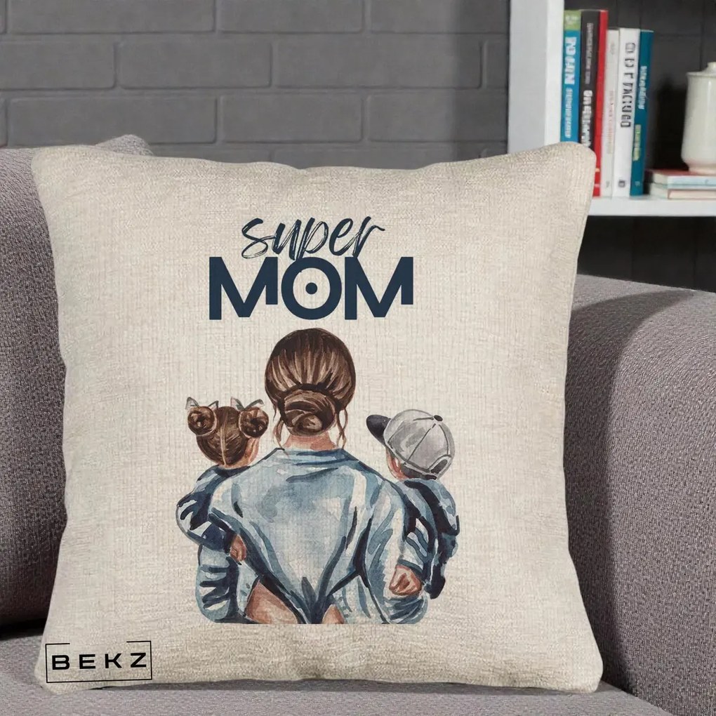 Cadou pentru Mama - Perna Personalizata Super Mom, 40x40 cm, Bej Canapea, Husa Detasabila, Perna Inclusa, BEKZ®