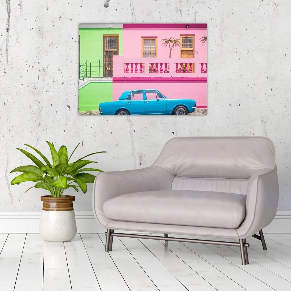 Tablou cu mașina - casele colorate (70x50 cm)