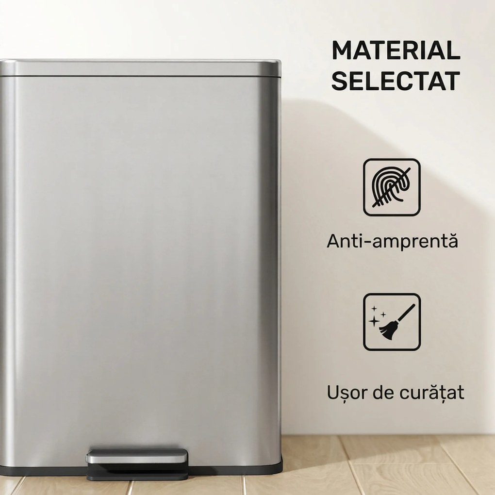 HOMCOM Coș de gunoi dreptunghiular cu pedală 20 L din metal, cu găleată interioară detașabilă și închidere lentă, argintiu | Aosom Romania