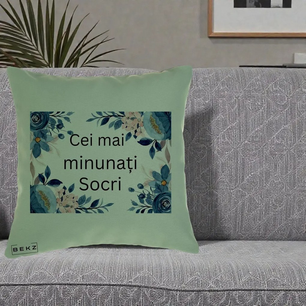 Cadou pentru Socri - Perna Personalizata Cei mai Minunati Socri cu Flori Albastre si Roz, 40x40 cm, Verde, Husa Detasabila, Perna Inclusa, BEKZ®