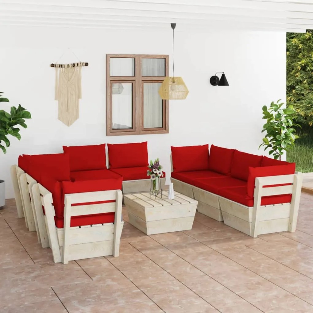 Set mobilier gradina paleti, 9 piese, cu perne, lemn de molid